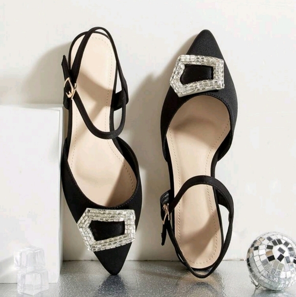 Black Satin Low Heel Rhinestone Slip-On Slippers,Women Summer
